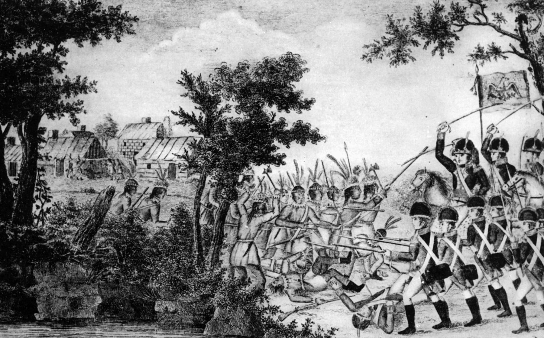 Creek warriors armed with hatchets, bows, and arrows rush to defend their village from well-disciplined American soldiers in this contemporary engraving.
