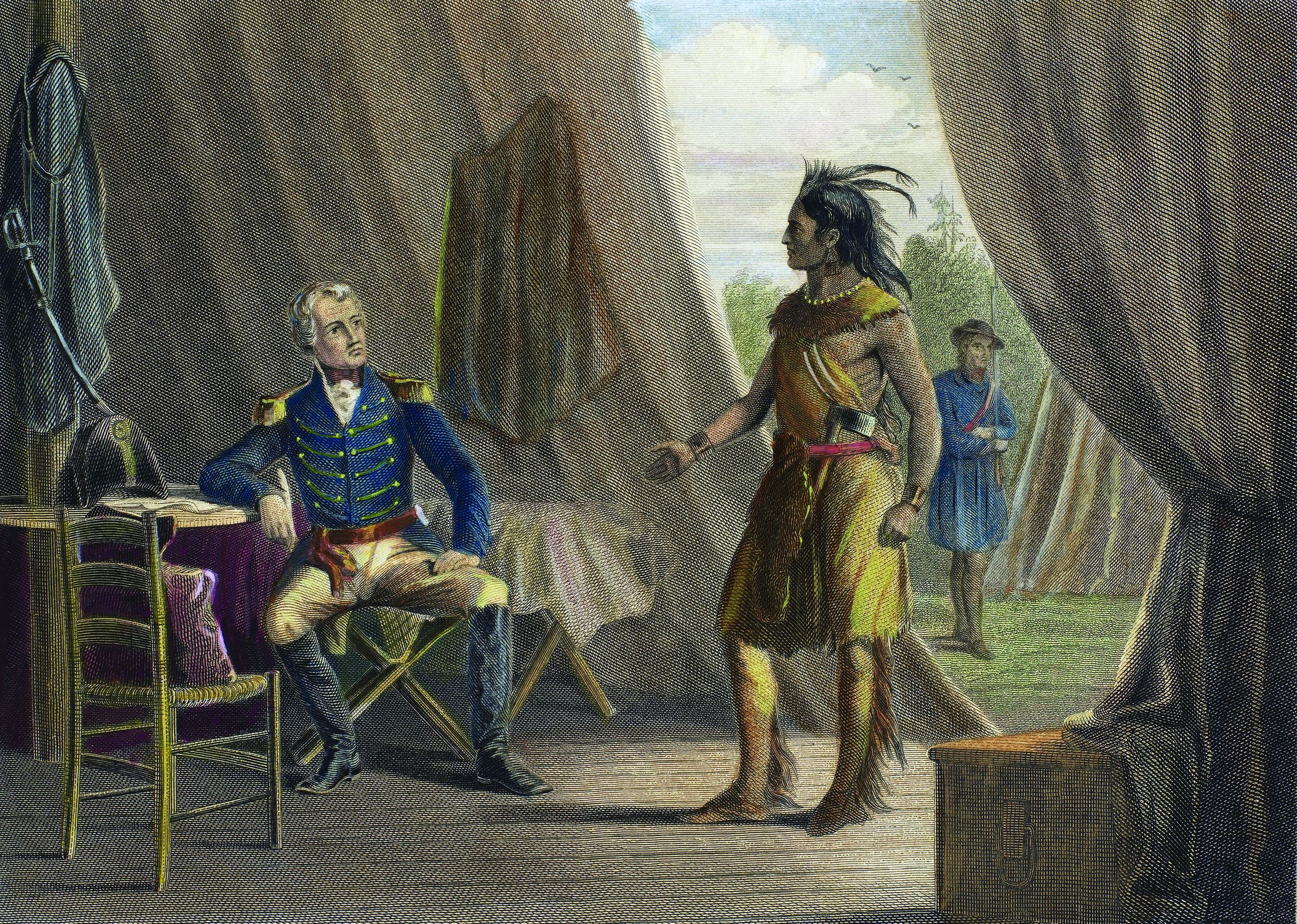 General Jackson accepts the surrender of William Weatherford, Chief Red Eagle, after the Creek defeat at Horseshoe Bend. 
