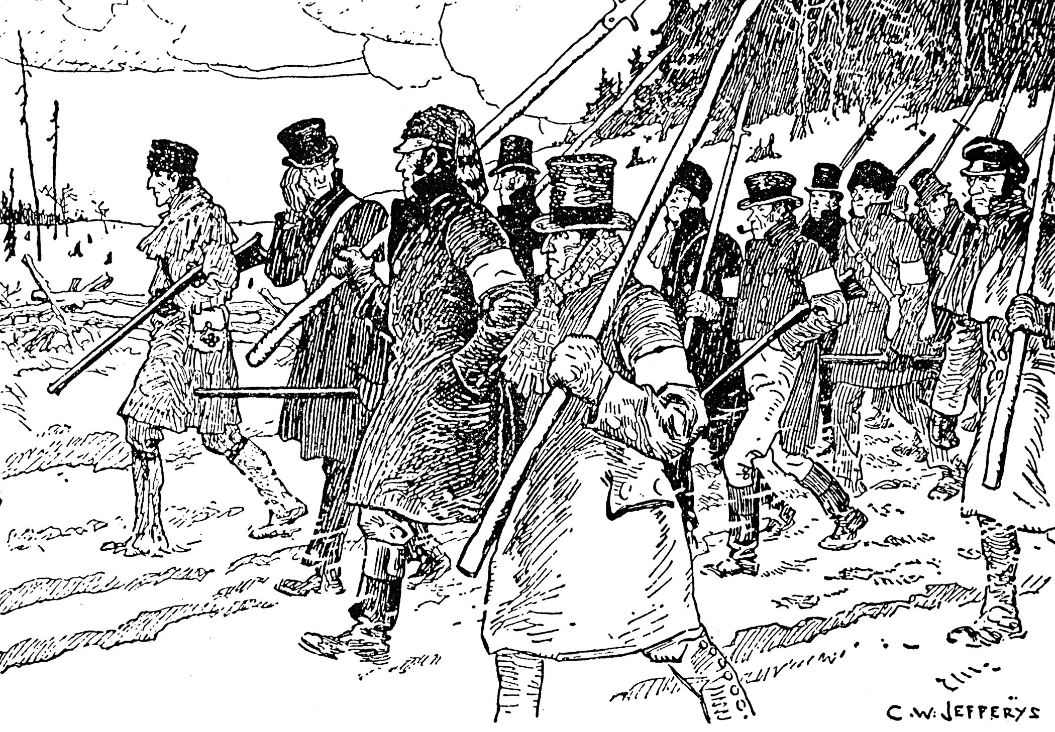 Some of the 800 armed Canadian insurgents march down Yonge Street to attack Toronto in December 1837.