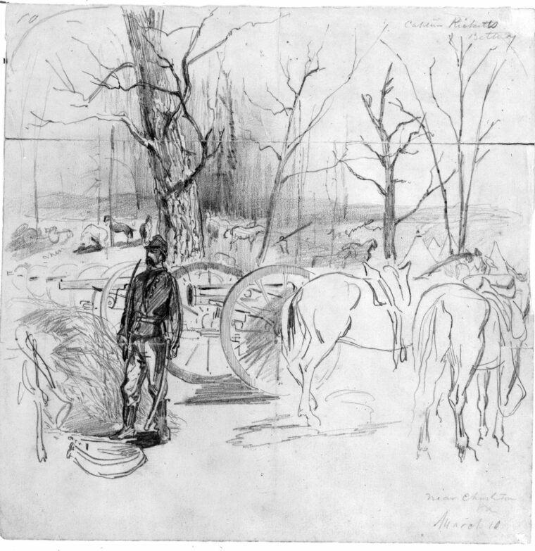 A member of the Pennsylvania Light Artillery stands watch over the battery, two weeks before Kernstown. Sketch by Alfred Waud.