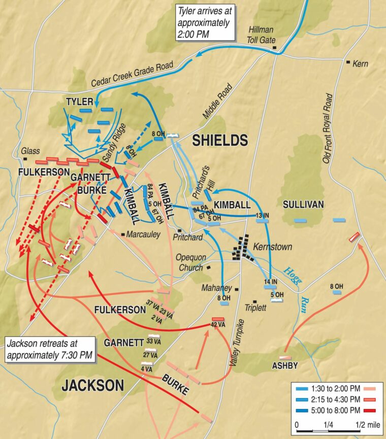 Pritchard’s Hill, center, held a commanding view of the battlefield. From there Union forces were able to mount a successful flank attack.