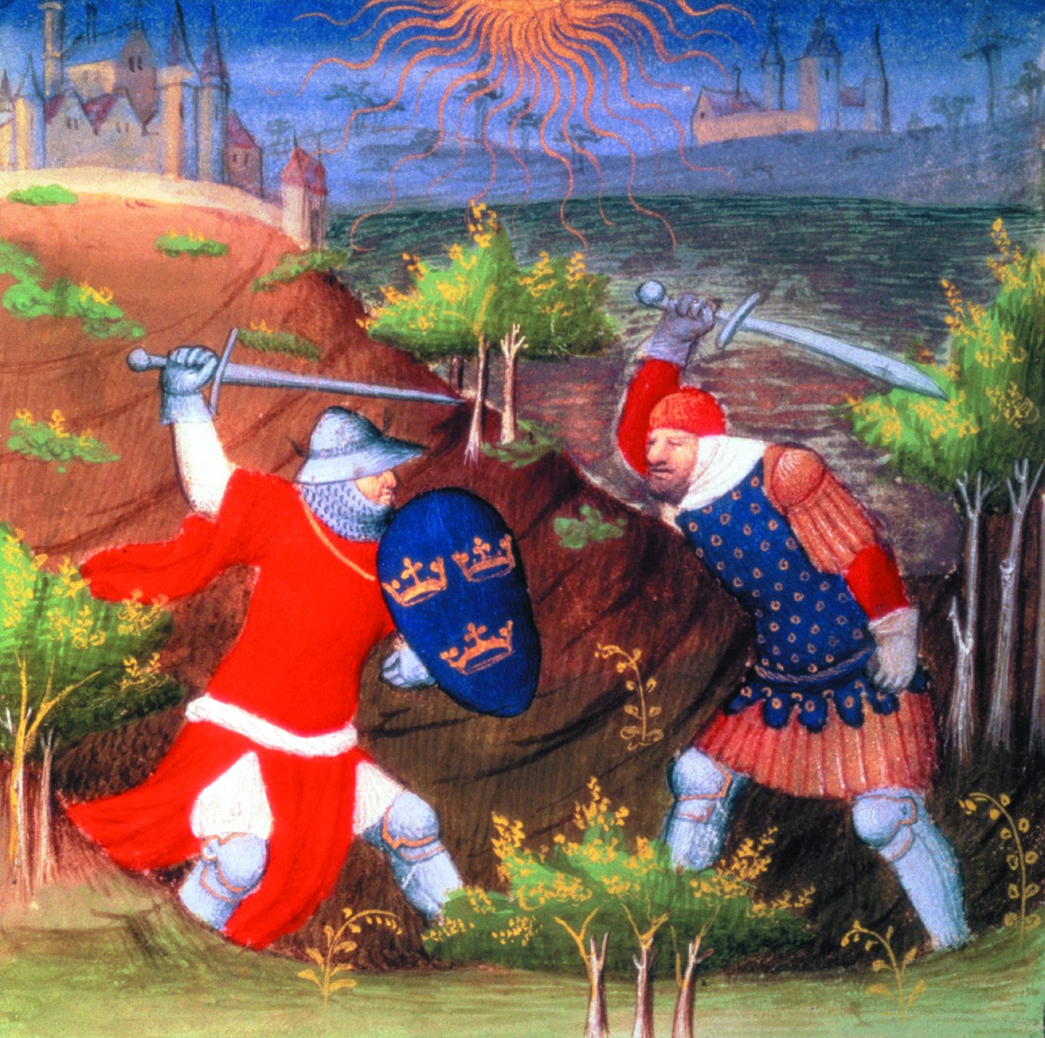 Arthur fighting again, this time with a Roman general, in a 15th-century manuscript by the master Boucicault.