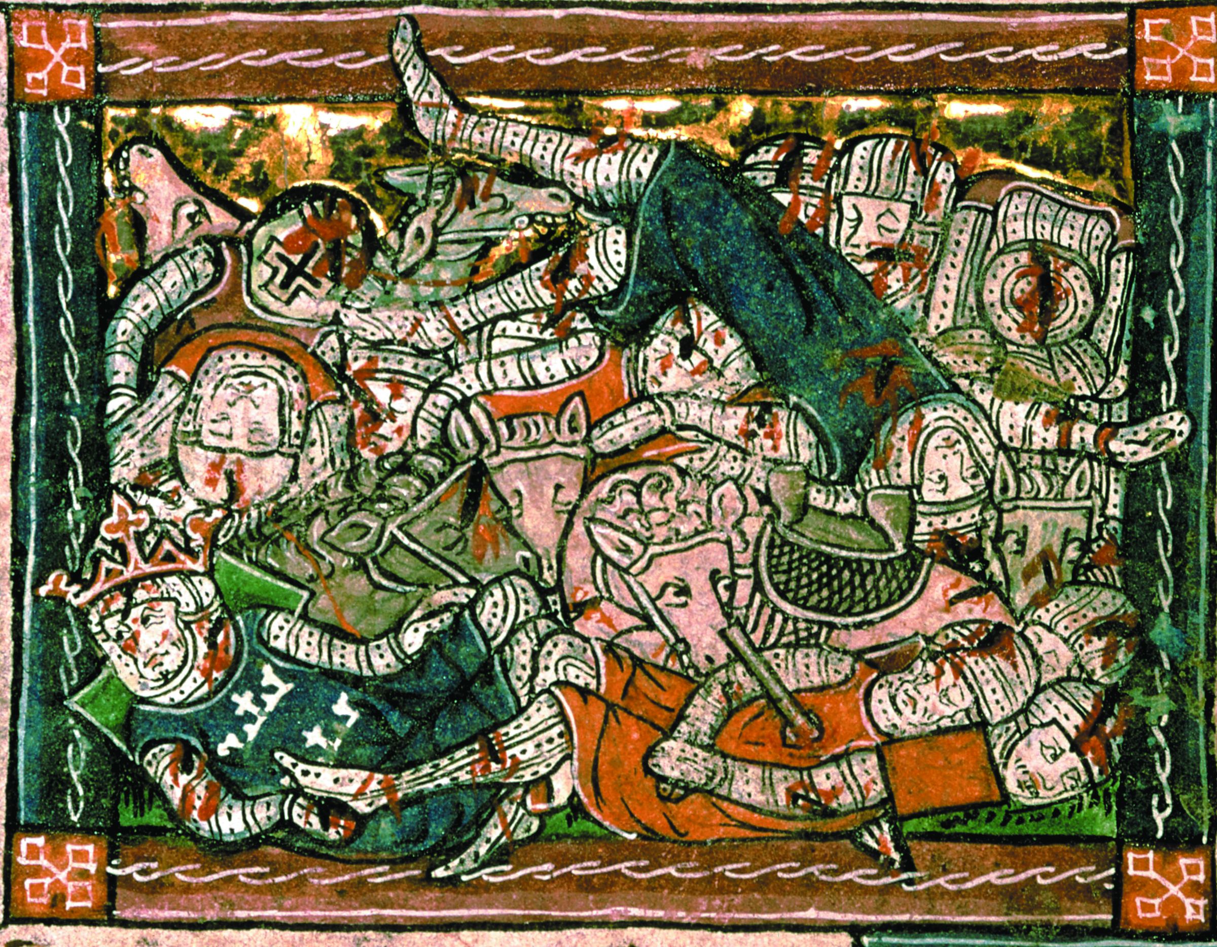 This 13th-century painting depicts Arthur at the Battle of Camlann, where he was slain by one of his own rebellious knights, Medrautus Lancerius, who ran off with Arthur’s wife, Guinevere.