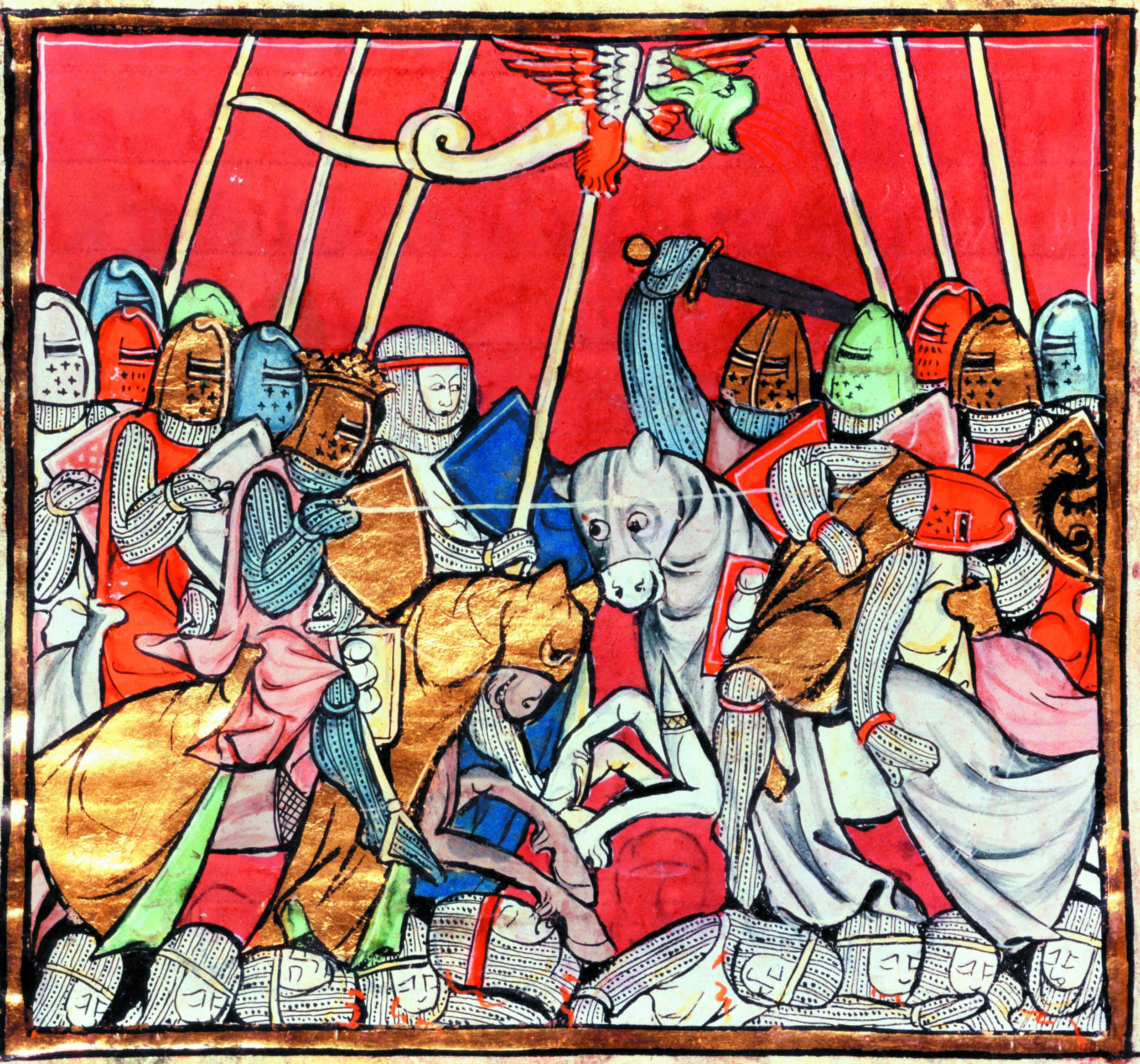 Leading from the front, Arthur wades into combat in this 14th-century painting by Robert de Barron in the Histoire de Merlin. Despite his reputation, Arthur was never a true king.