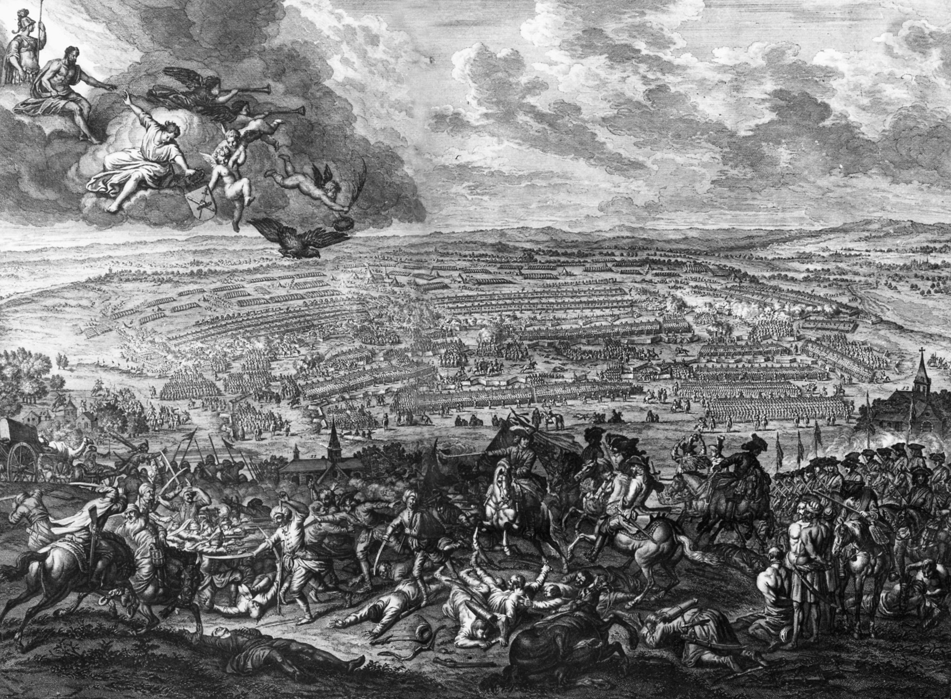 Fierce fighting rages on Earth while the war gods watch from on high in this symbolic 18th century work depicting the Battle of Peterwardein.