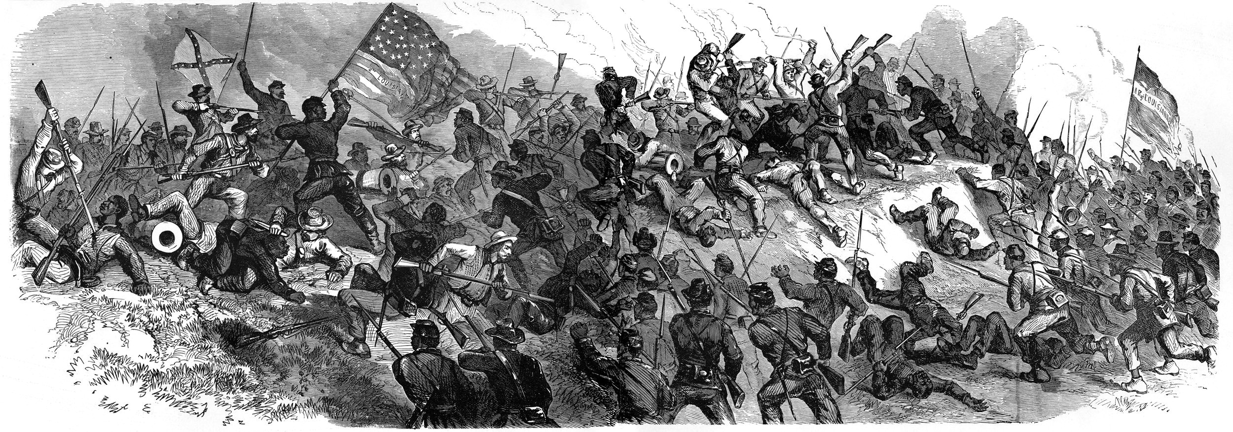 African American soldiers in the 1st and 3rd Louisiana Native Guard storm the Confederate works at Port Hudson, only to be beaten back with heavy losses.