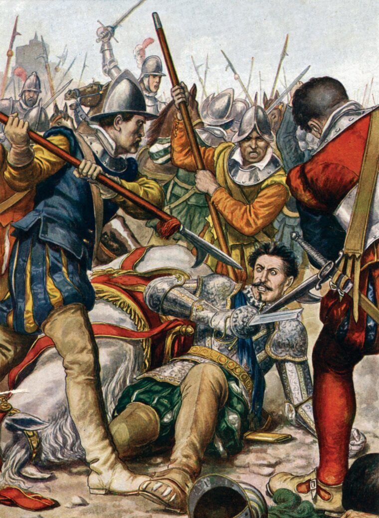 Another depiction, this one more vivid, shows the unhorsed Gaston about to be killed by Spanish pikemen. He was just 22.