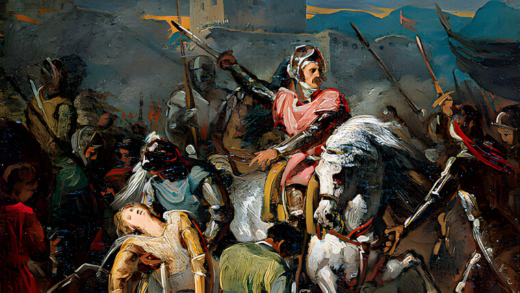 Surrounded by Spanish pikemen at the climax of the Battle of Ravenna, French commander Gaston de Foix fights to stay on horseback. He would soon tumble to his inevitable death.