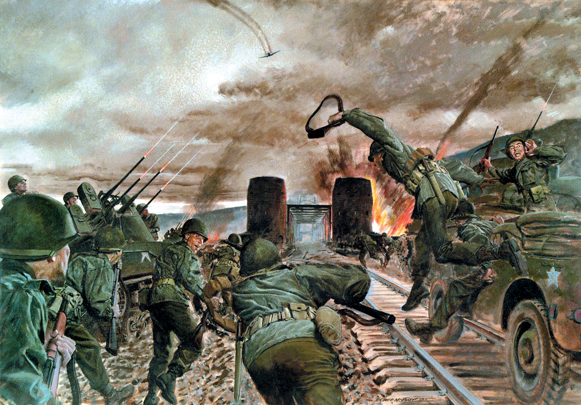 In this action-packed painting by artist H. Charles McBarron, troops of the 9th Armored Division rush to secure the Ludendorff bridge from defending Germans. The G.I.s also disabled explosive charges that were placed by the Germans in their failed attempt to demolish the bridge and prevent its falling into Allied hands. 