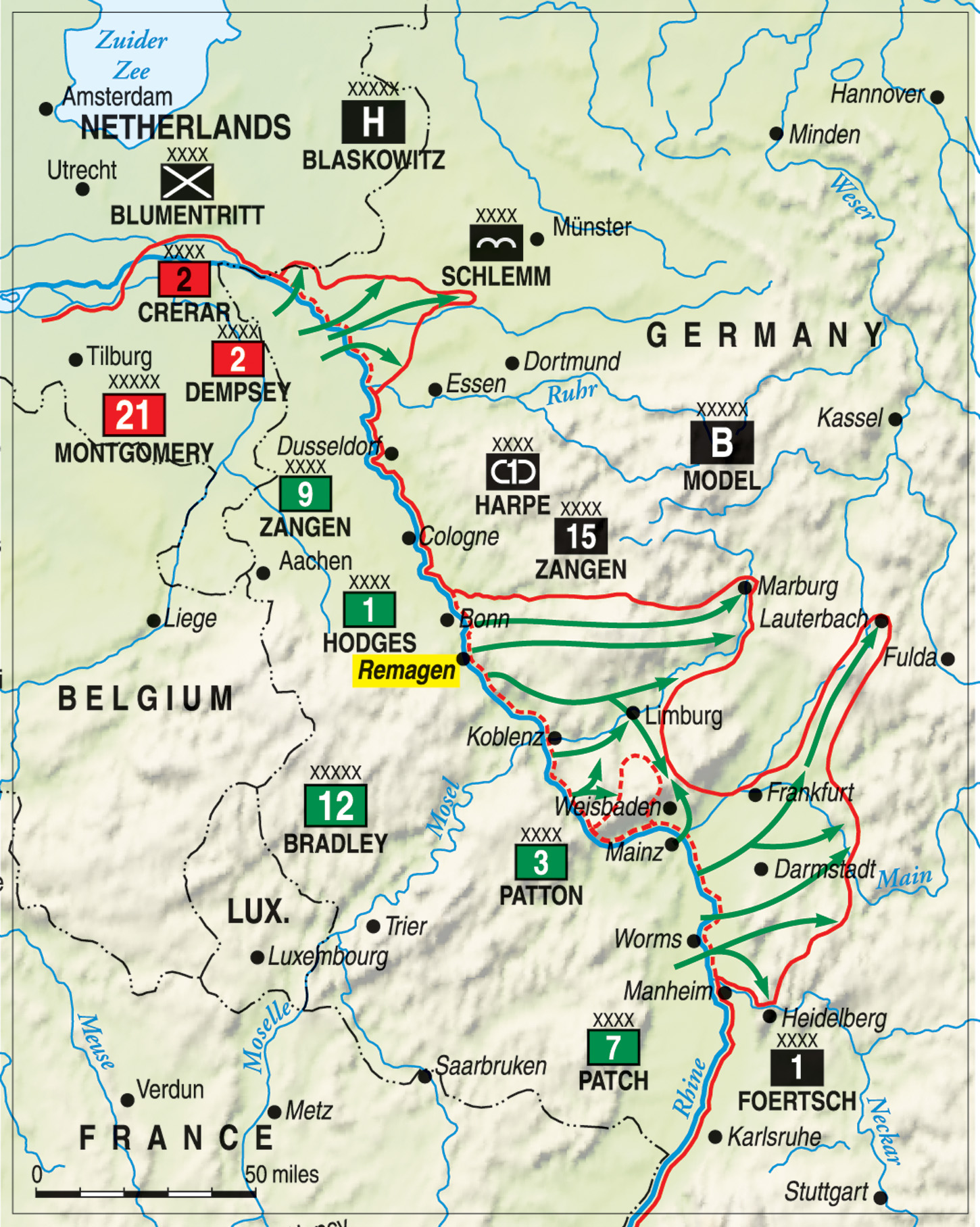 Utilizing the broad-front strategy, the Allied 12th and 21st Army Groups approached the Rhine in the early spring of 1945 and staged successful crossings at multiple points. 