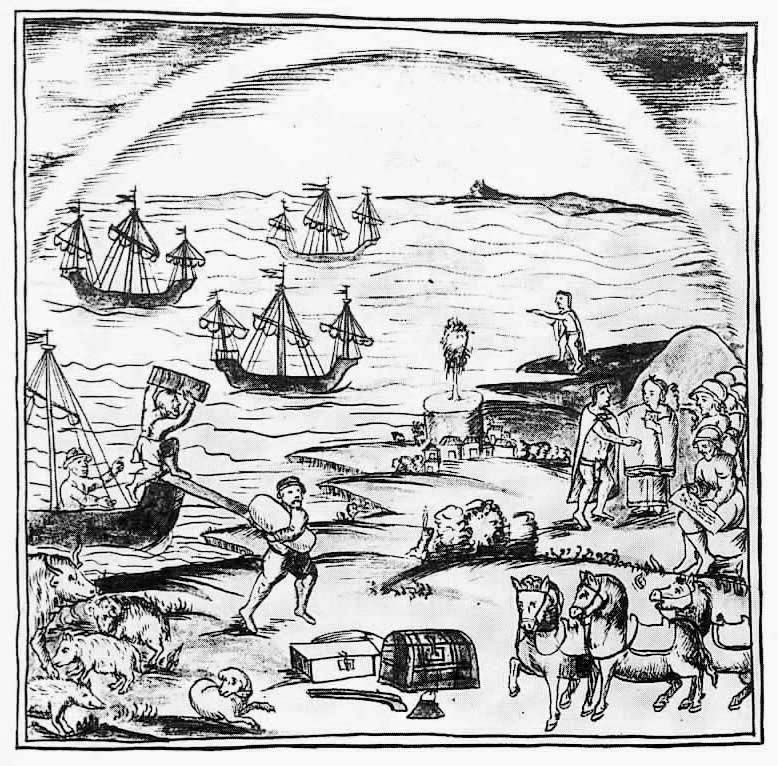 The Florentine Codex depicts Cortés’s men disembarking from their ships. They reached the coast of Veracruz on April 21, 1519.