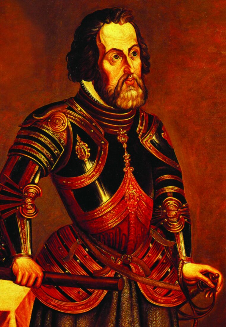 Portrait of Cortés as a proper Spanish gentleman, with armor, coast of arms and all the regalia of a marquis.