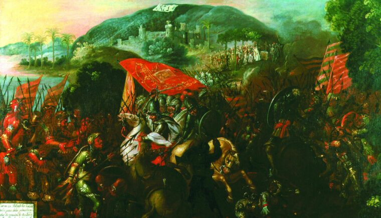 Cortés, wielding his sword beneath his red battle flag, leads an attack against Mexican coastal Indians at Tabasco. The Indians were horrified by their first sight of men on horseback.