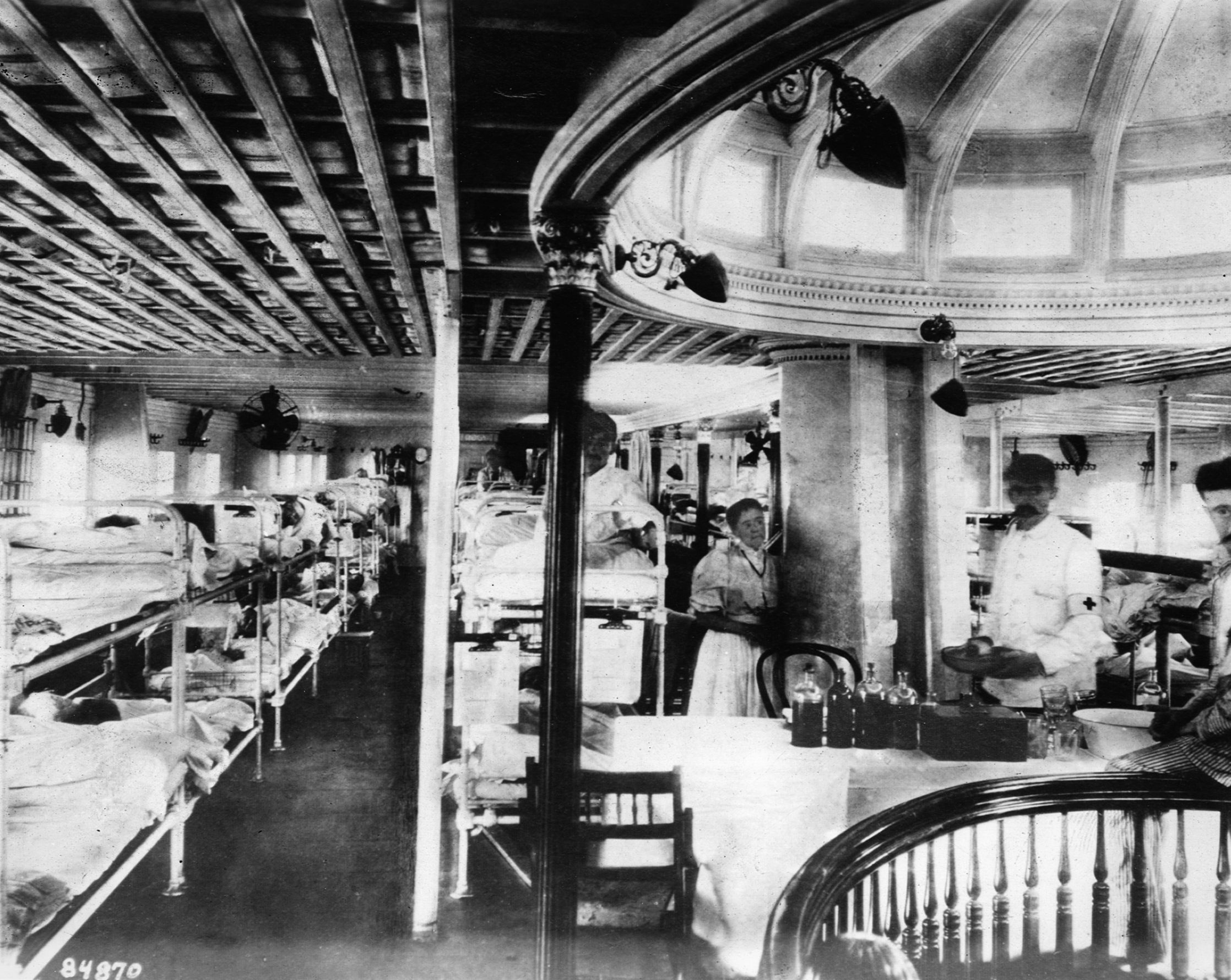 The interior of a hospital ship shows the vast capacity to deal with wounded soldiers.