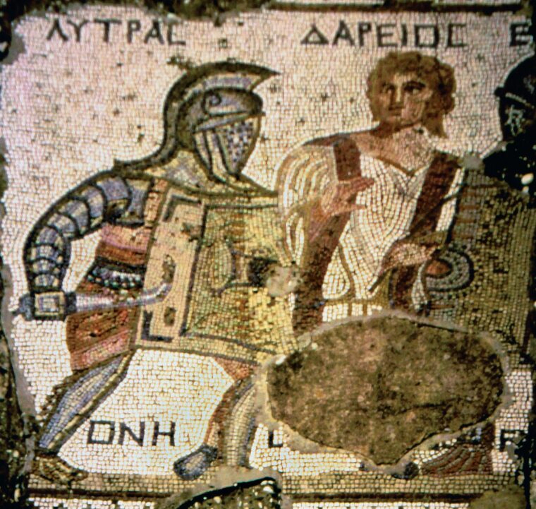 A Roman mosaic from the “House of the Gladiators” shows the rigorous training the gladiators underwent before entering the arena to entertain Roman crowds.