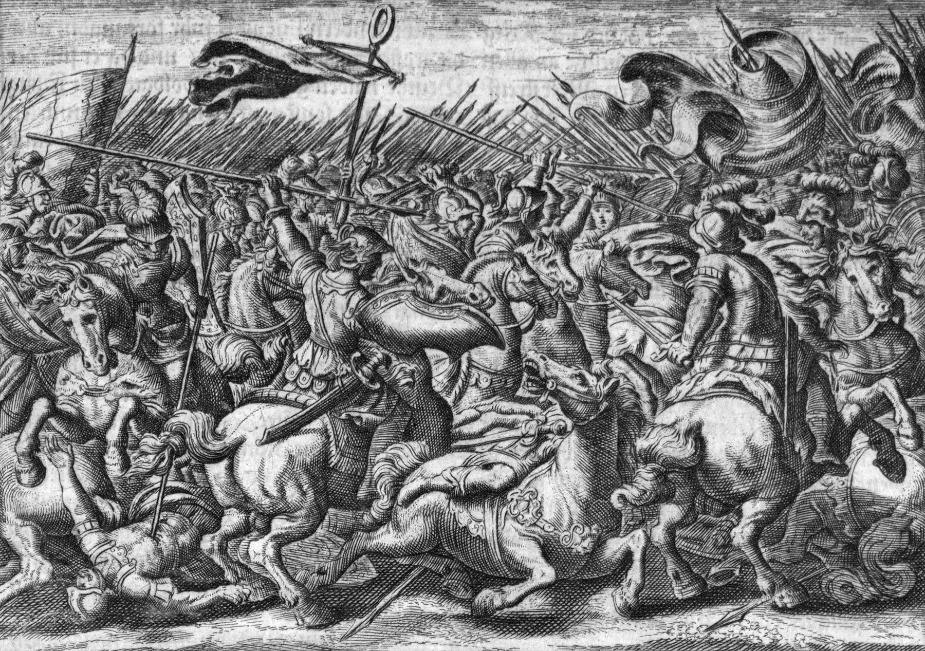 Roman soldiers led by Marcus Licinius Crassus defeat the rebels in this 17th-century German engraving. Spartacus died in vain while trying to reach Crassus on the battlefield.