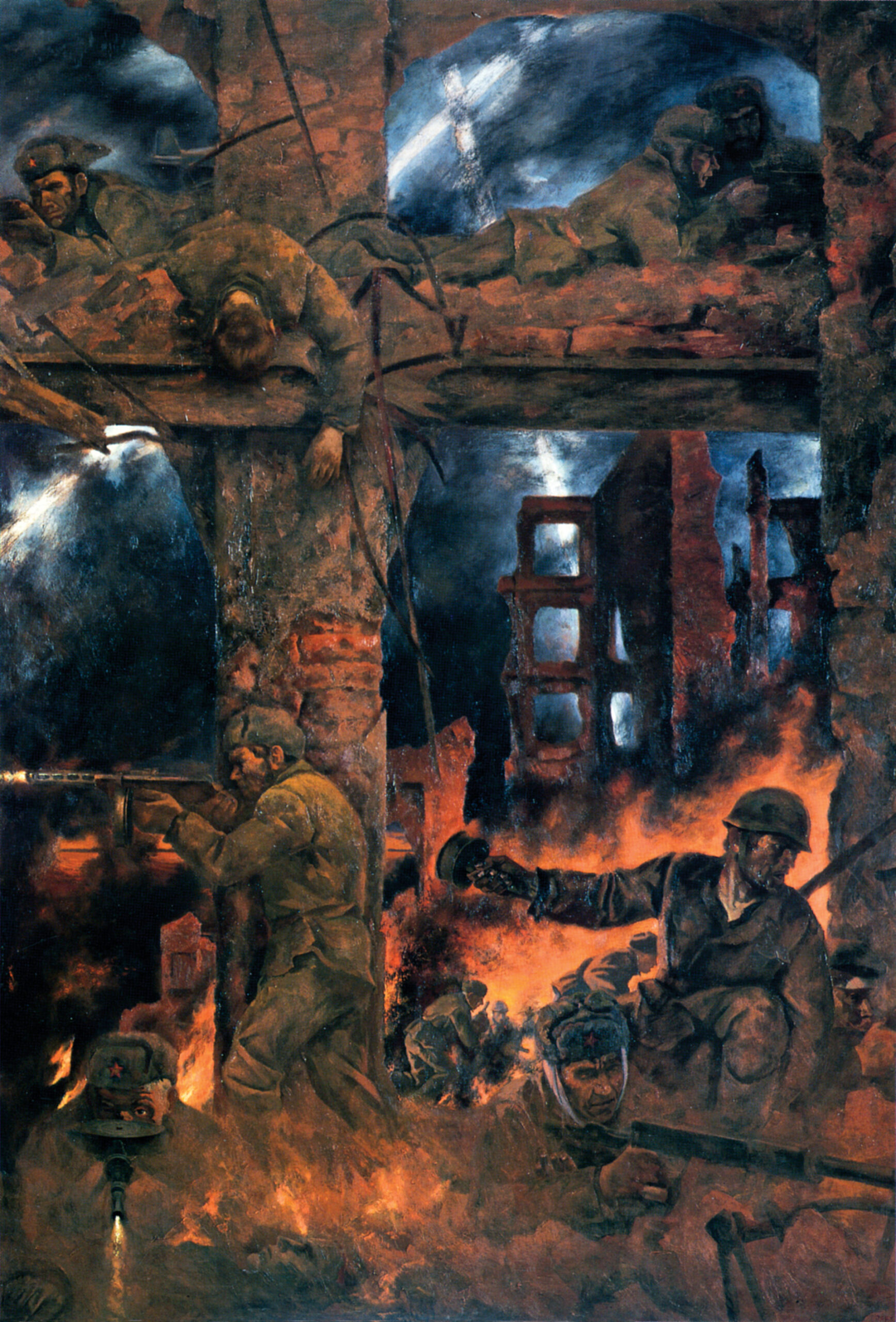 Self-sacrificial Russian soldiers literally martyr themselves on the cross in this heroic painting, Stalingrad, by Soviet artist Boris Ugarov.