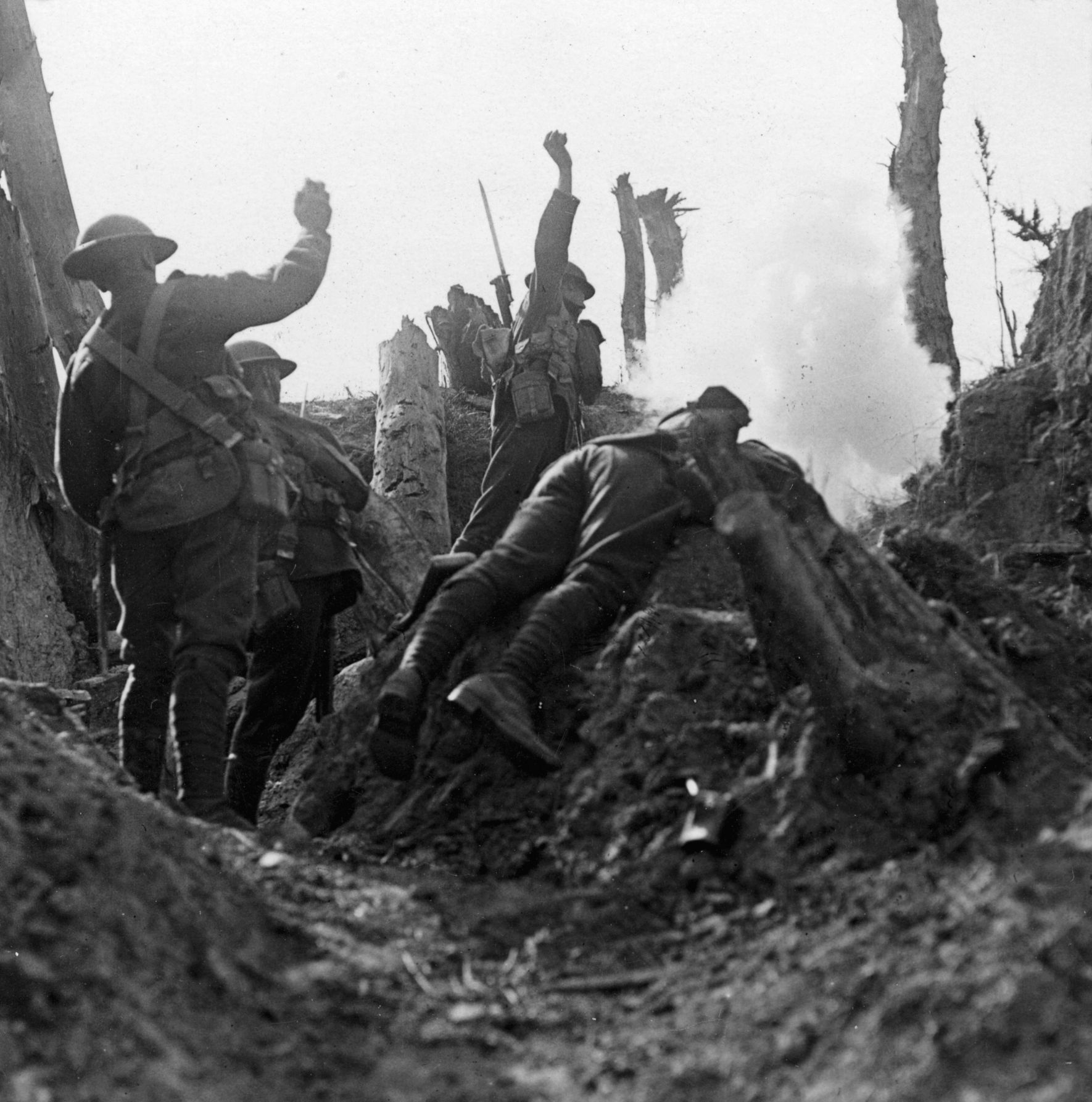 Perhaps staged after the battle, this photo claims to show the 11th Battalion in action at Polygon Wood in September 1917. Tolkien served as a signal officer.