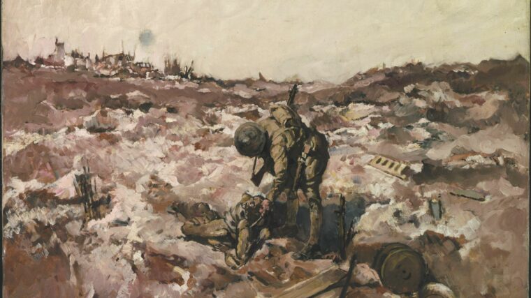 A British soldier searches for a dead comrade’s identity disc after the disastrous attack at the Somme. Painting by Frank Crozier, who also took part in a similar British rout at Gallipoli.