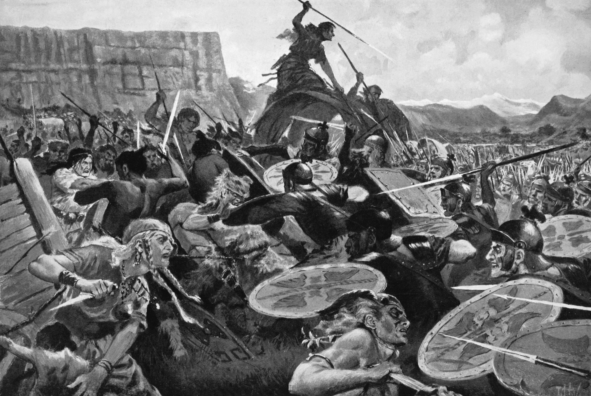 Although vastly outnumbered, Marius’s Roman army defeated a combined force of Ambrones and Tuetones at the Battle of Aquae Sextiae, near present-day Aix-en-Provence, in 102 bc.