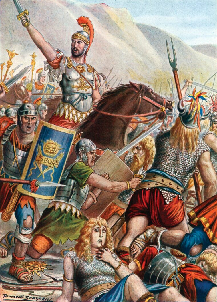 As Marius and his Romans overran the Cimbri, the tribe’s women, shown at bottom, rushed to join the fray. Many strangled their own children to prevent them from falling into Roman hands.
