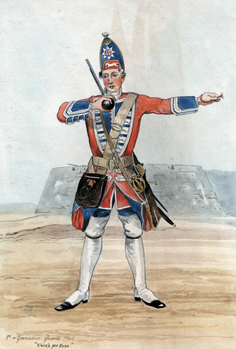 A British grenadier about to light the fuse on his grenade, 1746.