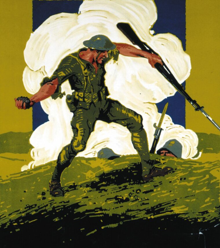 In this World War I lithograph poster for war bonds, an American doughboy tosses a grenade at a pair of cowering Huns.