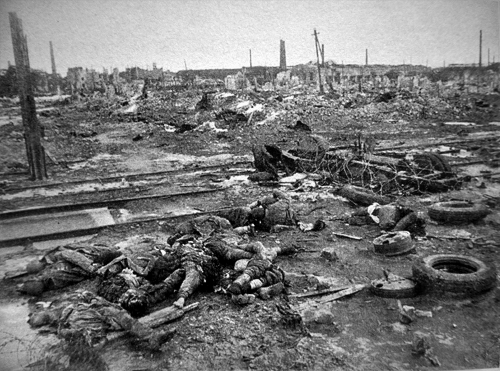 Corpses of either German or Soviet soldiers litter the ground at Stalingrad. The Soviets had over a million men killed or wounded in the fighting while Germany and its allies suffered about 760,000 casualties. 