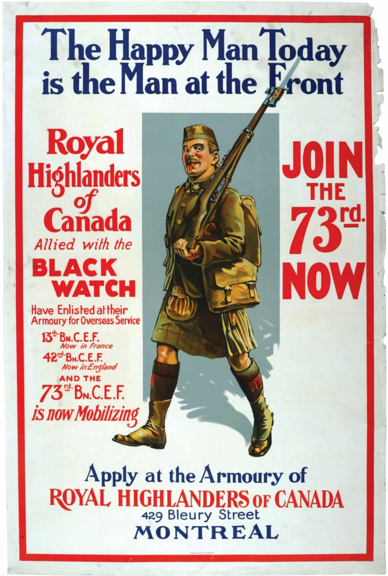 An inexplicably happy-looking member of the Canadian Royal Highlanders carries his Ross rifle and bayonet in this wartime recruiting poster.