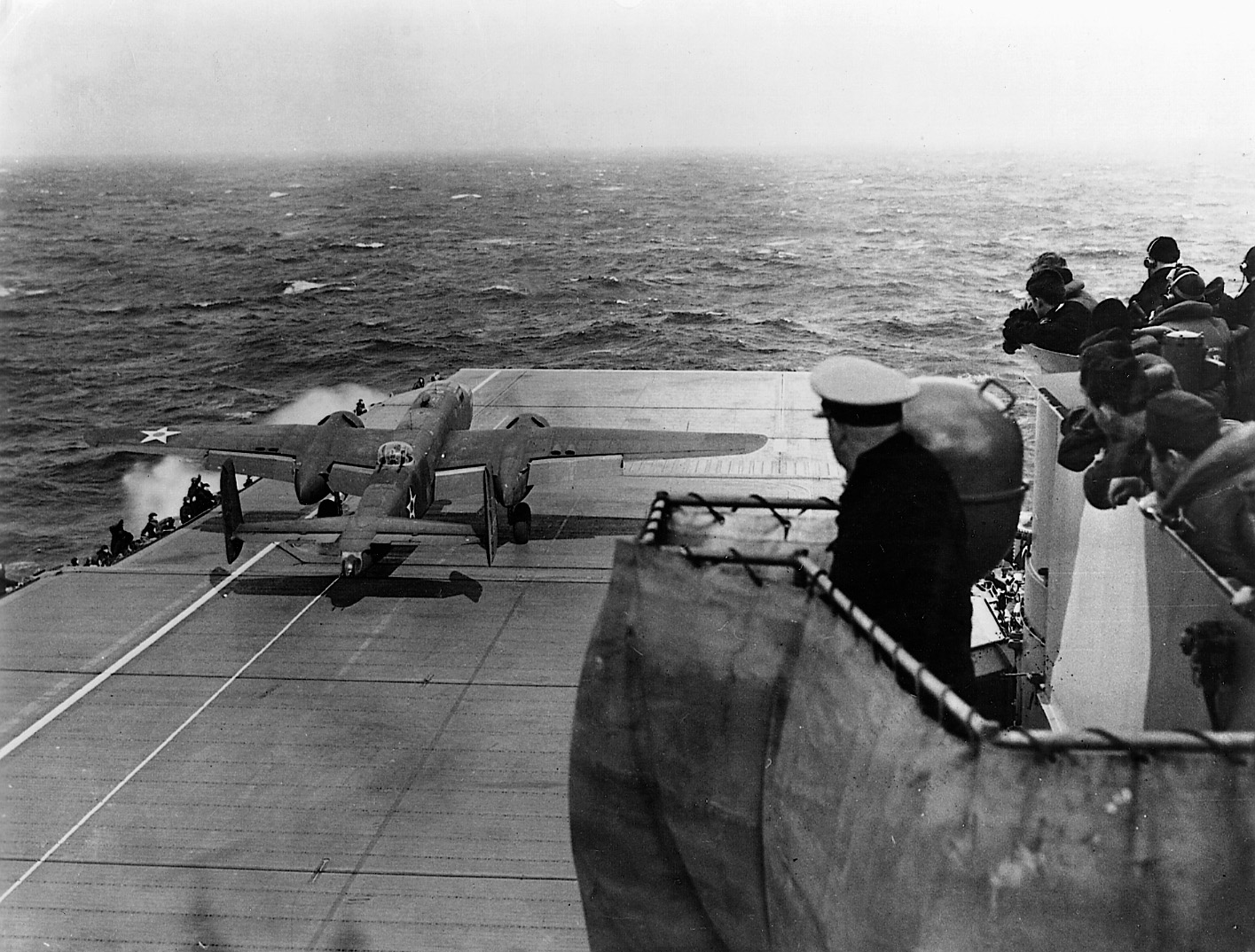 A B-25 bomber takes off from the deck of the USS Hornet.