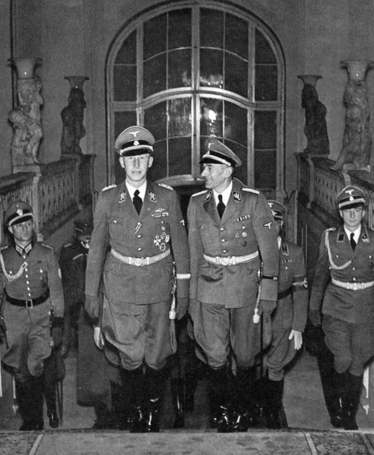 Reinhard Heydrich (left), a principal participant in the Nazis’ Final Solution whose nickname was the “Butcher of Prague,” strides up the stairs of his headquarters in the city. To Heydrich’s left is SS Brigadeführer (brigadier general) Carl Hermann Frank, a Sudeten German who enthusiastically supported Heydrich. 