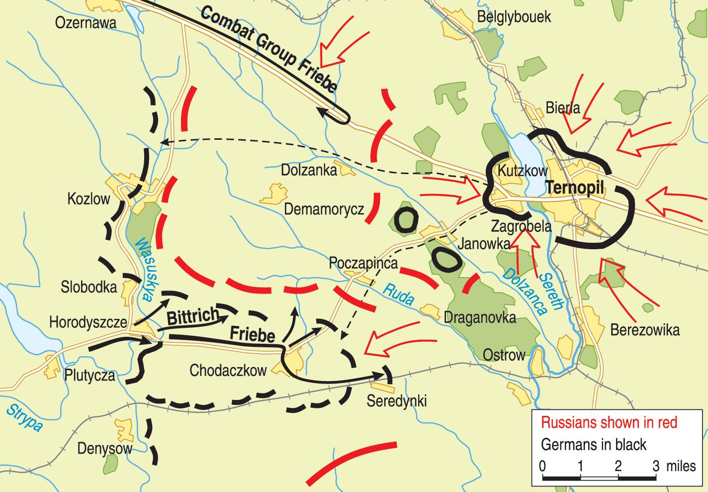 Red Army forces virtually surrounded the Germans at Ternopil and applied relentless pressure, eventually inflicting heavy casualties and nearly destroying the defenders to a man.