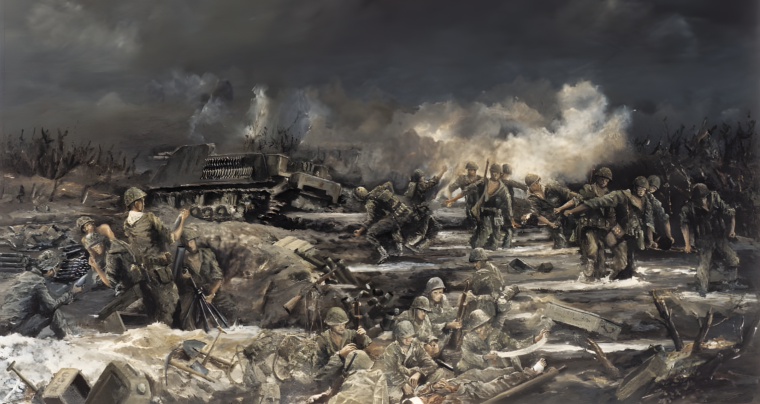 The bloody battle for Okinawa is displayed in graphic detail in this painting. In the last major land battle of the Pacific War, Okinawa was fiercely defended by the Japanese, who developed fortified defensive lines in the southern section of the island. Offshore, kamikaze aircraft assaulted U.S. naval vessels.