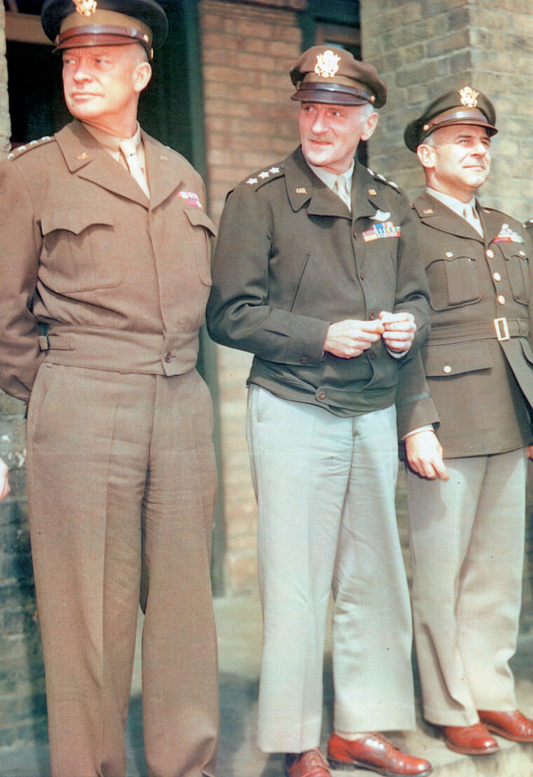 Supreme Allied commander General Dwight D. Eisenhower (left) stands with General Carl Spaatz (center), head of Army Air Force Combat Command, and Eighth Air Force Commander General Jimmy Doolittle.