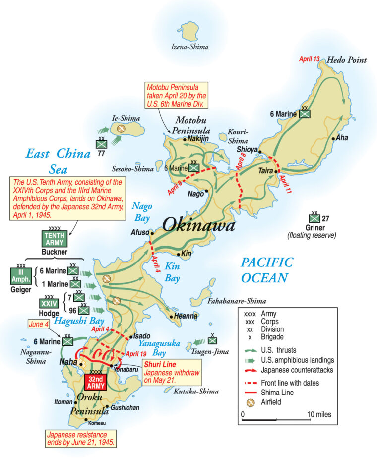 Troops of the U.S. Army and U.S. Marine Corps landed on Okinawa on April 1, 1945. The island was not secured until June after weeks of heavy fighting and the virtual annihilation of the Japanese defenders.