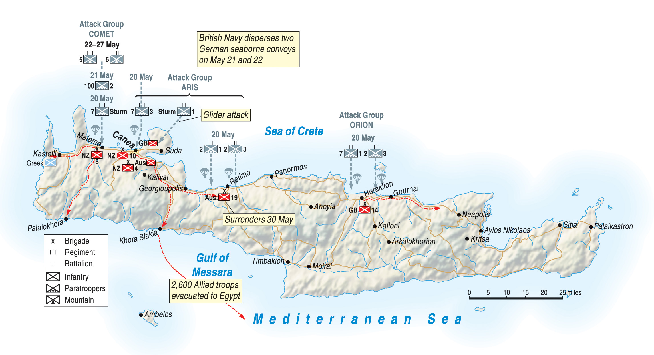 The execution of Operation Mercury called for airborne landings to secure strategically vital airfields on the northern half of Crete. German forces would then link up and converge on Suda Bay, the island’s only defensible harbor.