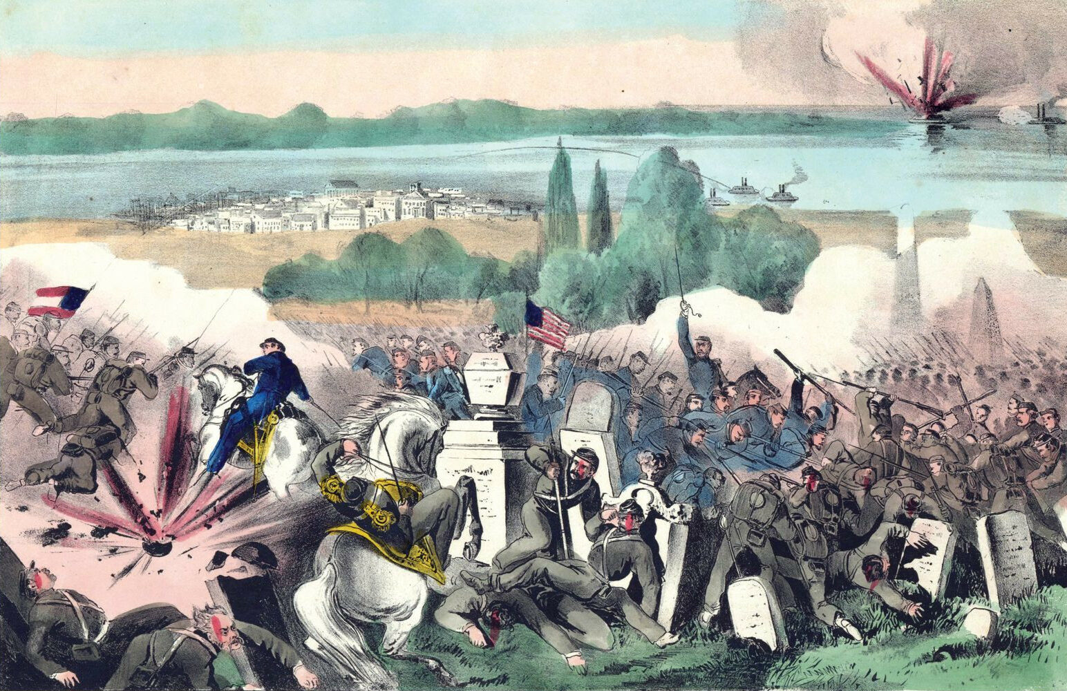 Union and Confederate troops battle among the tombstones in a Baton Rouge cemetery during a failed attempt by Rebel forces to retake the city in the summer of 1862.