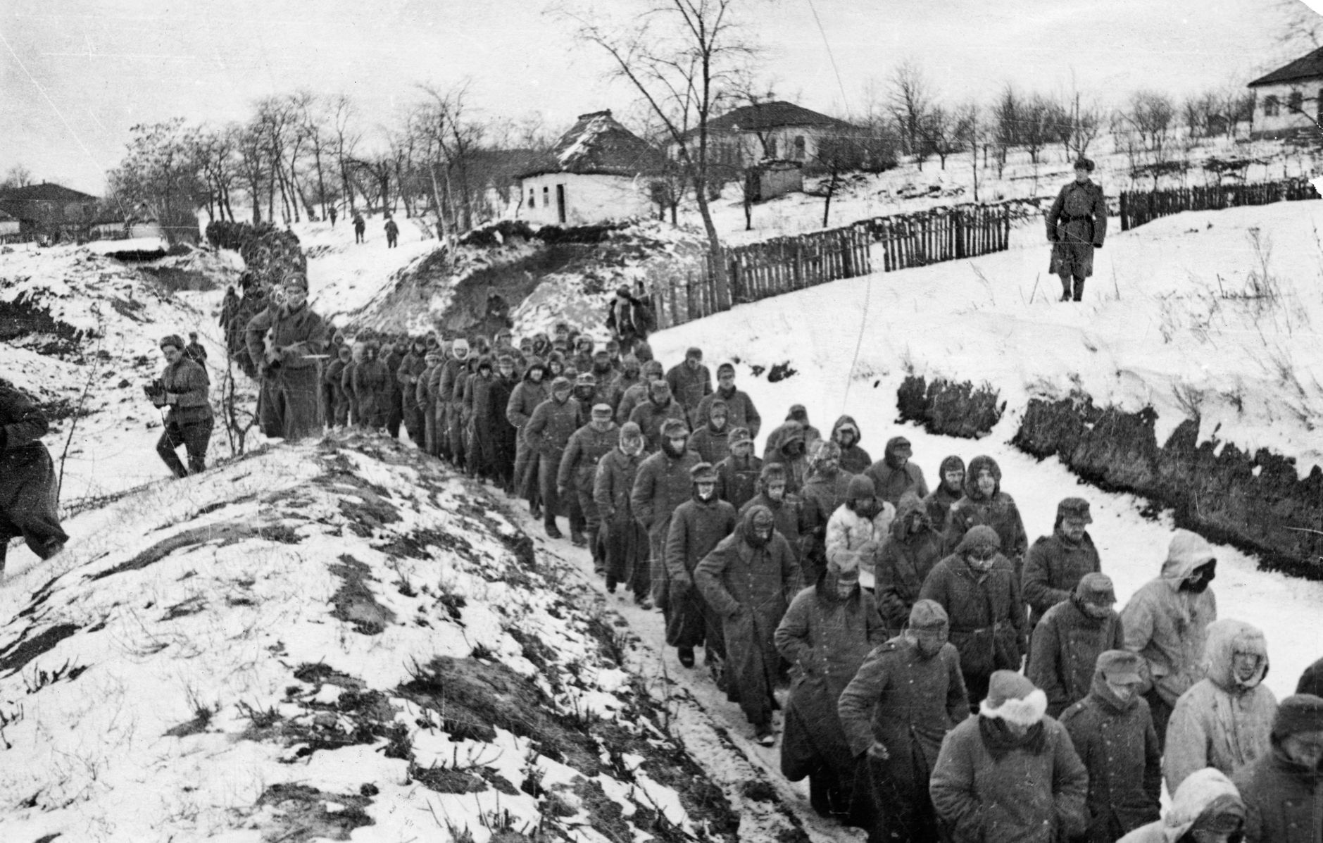 A long line of German prisoners marches into captivity in the Ukraine in February 1944. The future for these captives of the Soviets was at best uncertain. Many prisoners never returned to Germany.