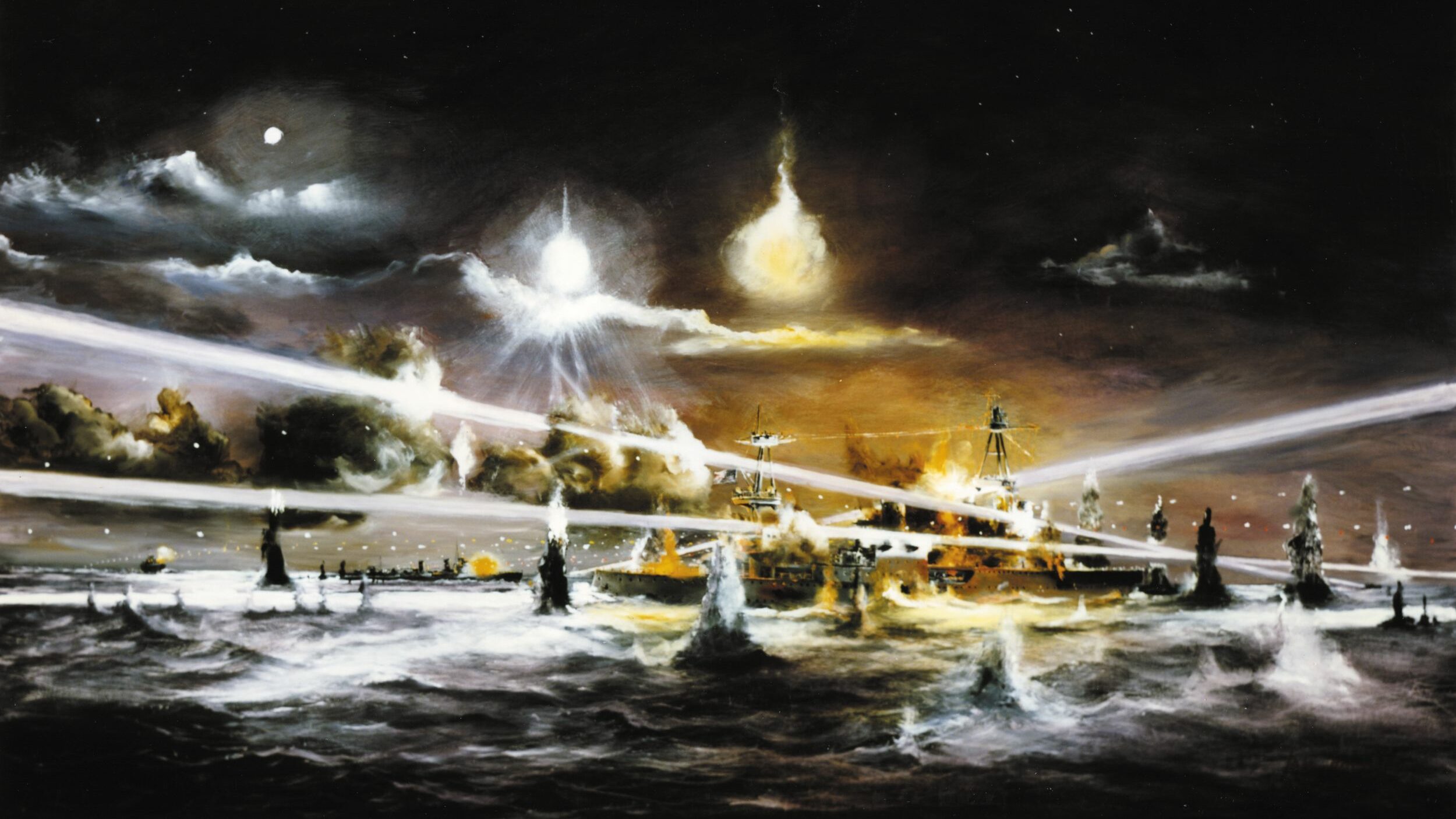 Searchlights and flares cut through the darkness during the night action at Sunda Strait in February 1942, in this painting by John Hamilton. The Japanese bested the Allies there, taking control of the Java Sea.