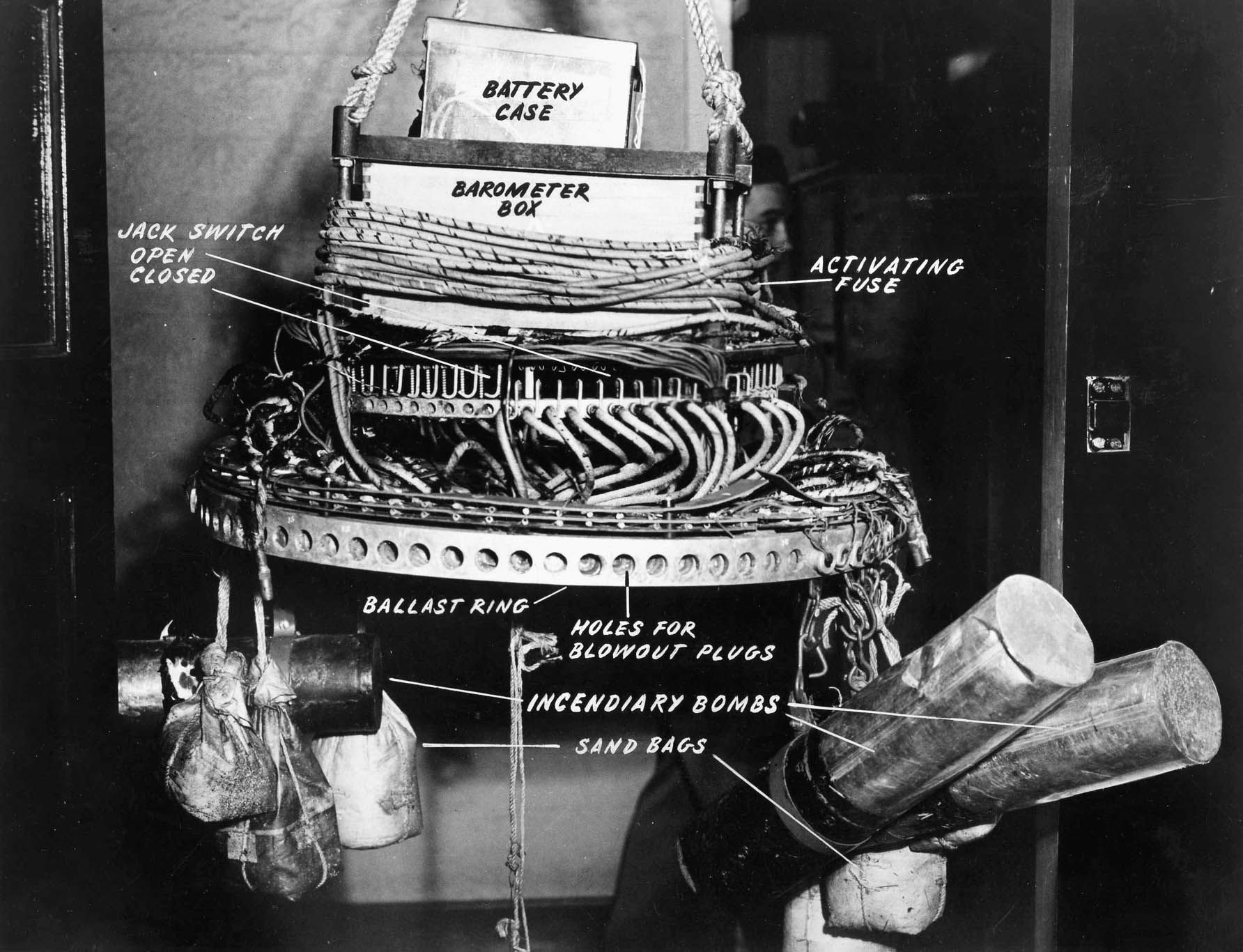 “Brain center” of a Japanese balloon bomb. The automatic altitude control device allowed the balloon to travel at 30,000 feet during the 3-to-4-day trip to the United States.