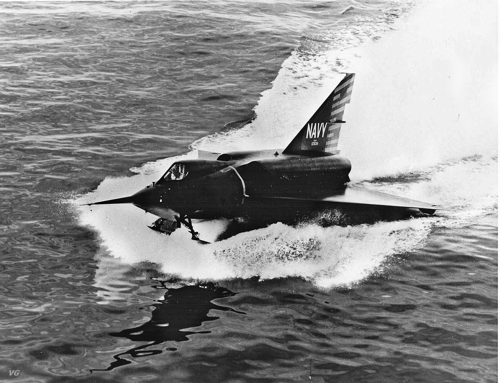 The Convair XF2Y-1 Sea Dart takes off in the water on retractable skis. During its first public demonstration the plane disintegrated in mid-air, killing the pilot. 