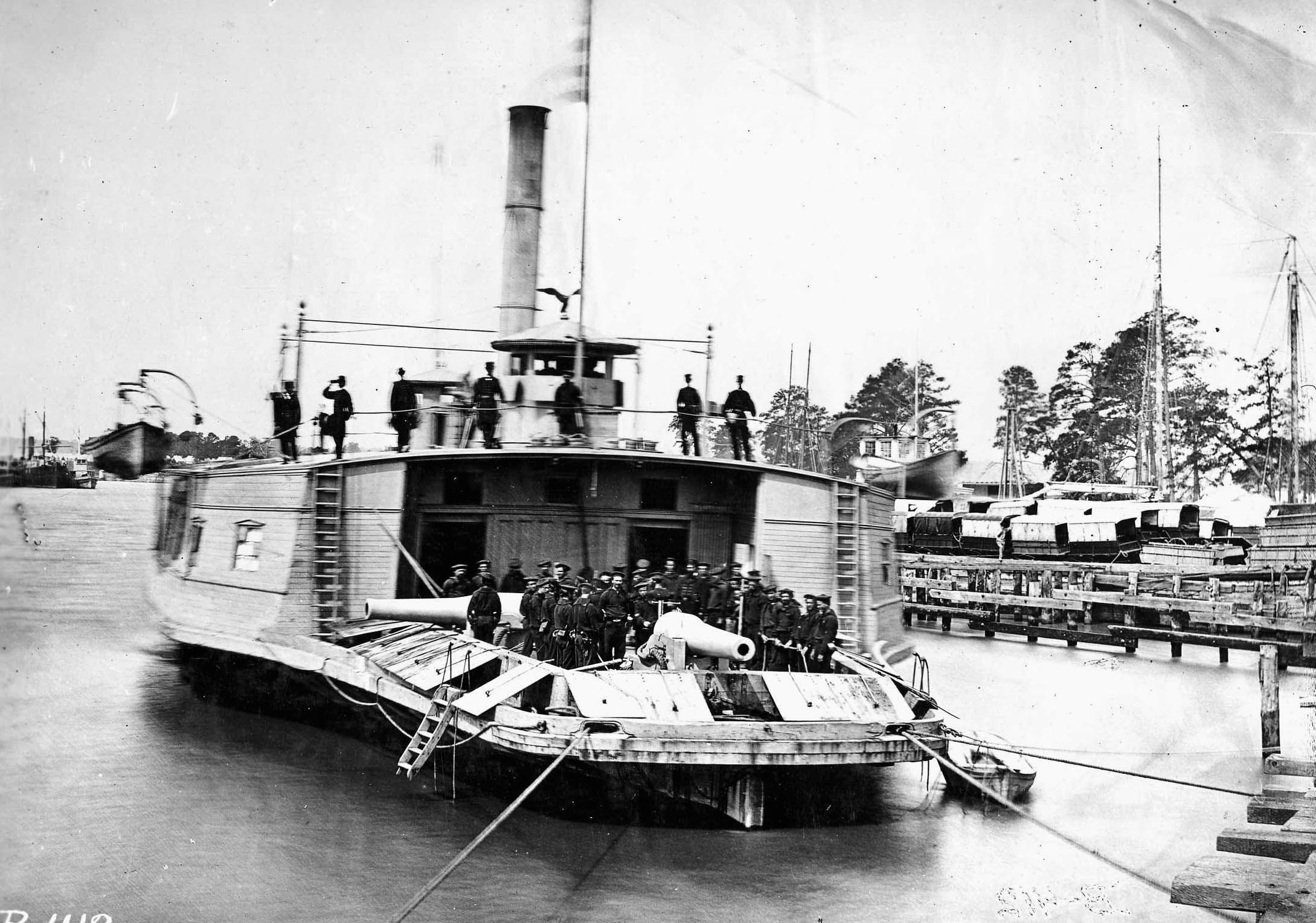 Mathew Brady took this photograph of a bristling Union gunboat on the Pamunkey River in Virginia.