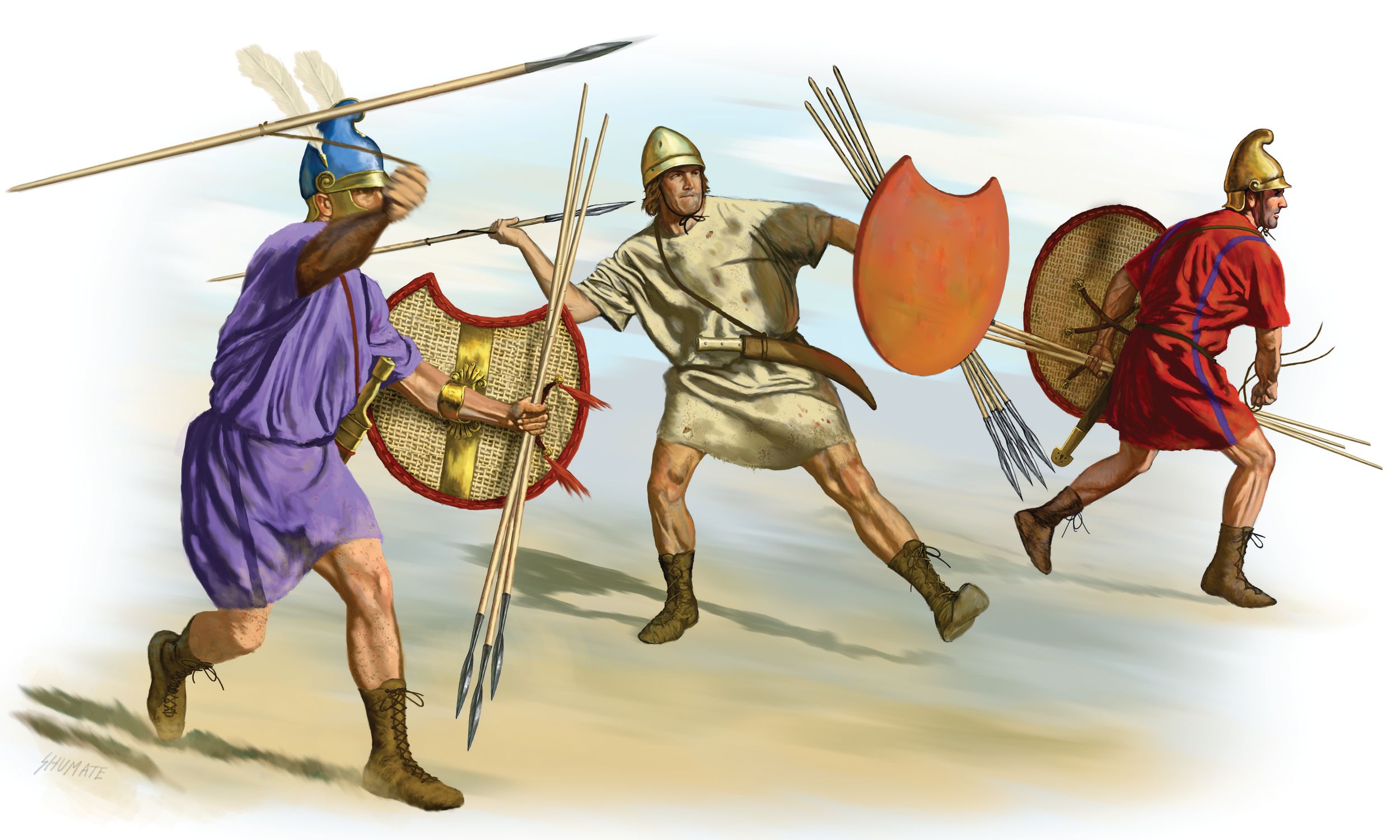 Athenian general Iphicrates modified the battle gear of his peltasts, shown in this Johnny Shumate illustration wearing lightweight linen instead of bronze armor and carrying half-moon shields, swords, and javelins.