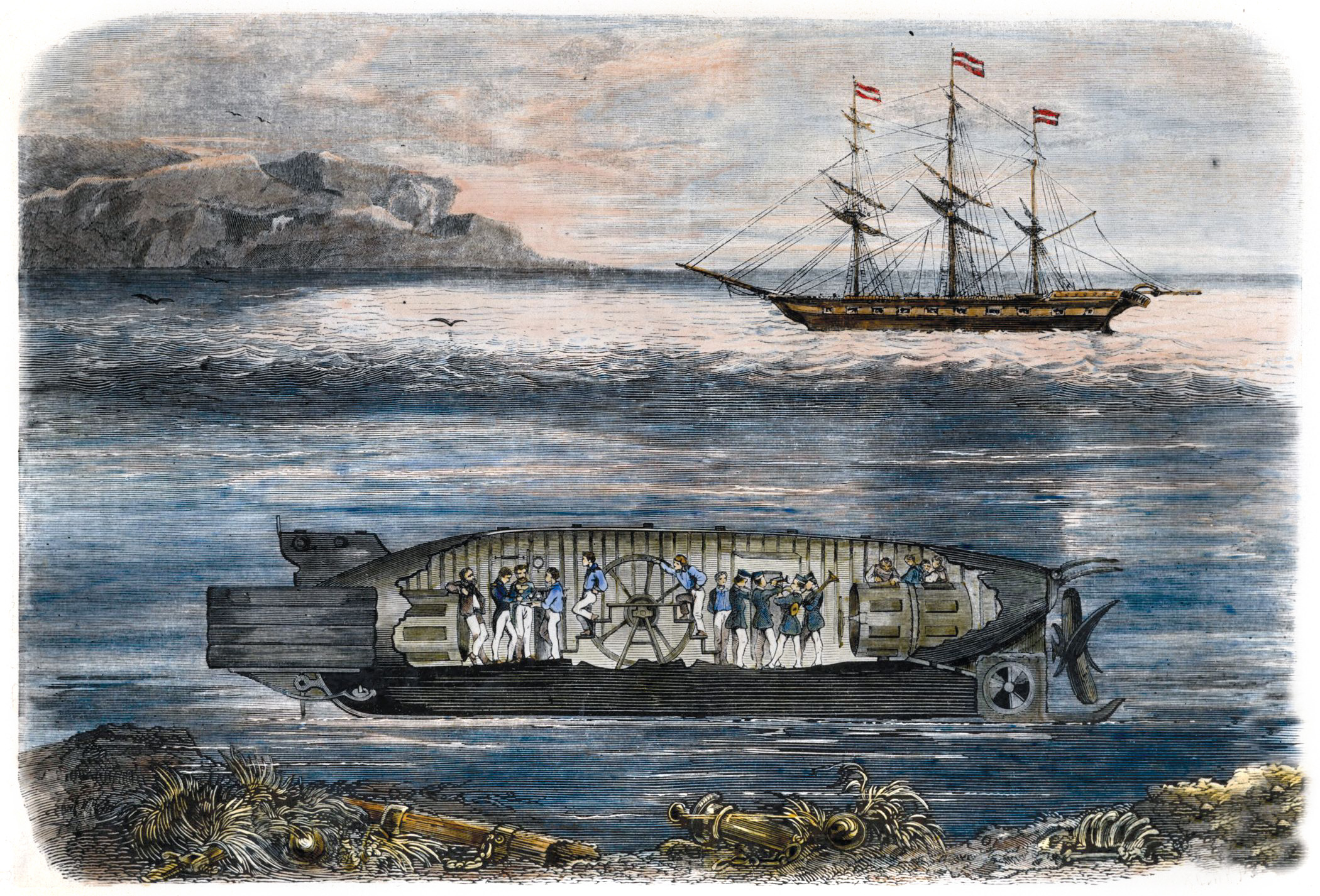 A colored engraving shows a cutaway view of Wilhelm Bauer’s 1855 Brandtaucher.