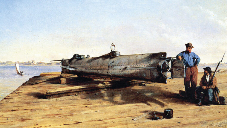 Three crews were lost during tests of the Horace L. Hunley, shown in a painting by Conrad Wise Chapman.