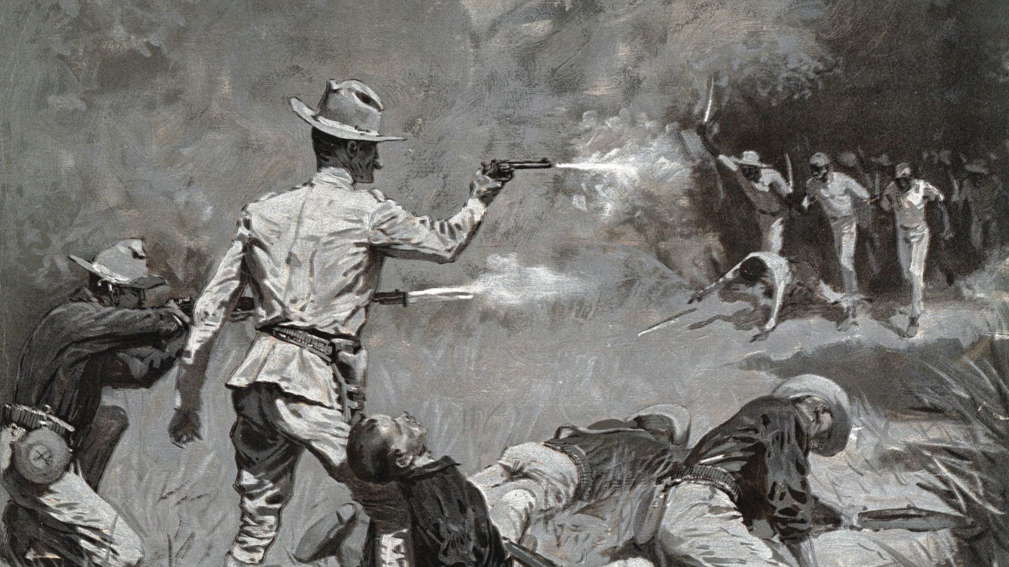 An American Army officer fires his Colt 1892 revolver at charging Filipino insurgents in this painting by Frederick Remington.