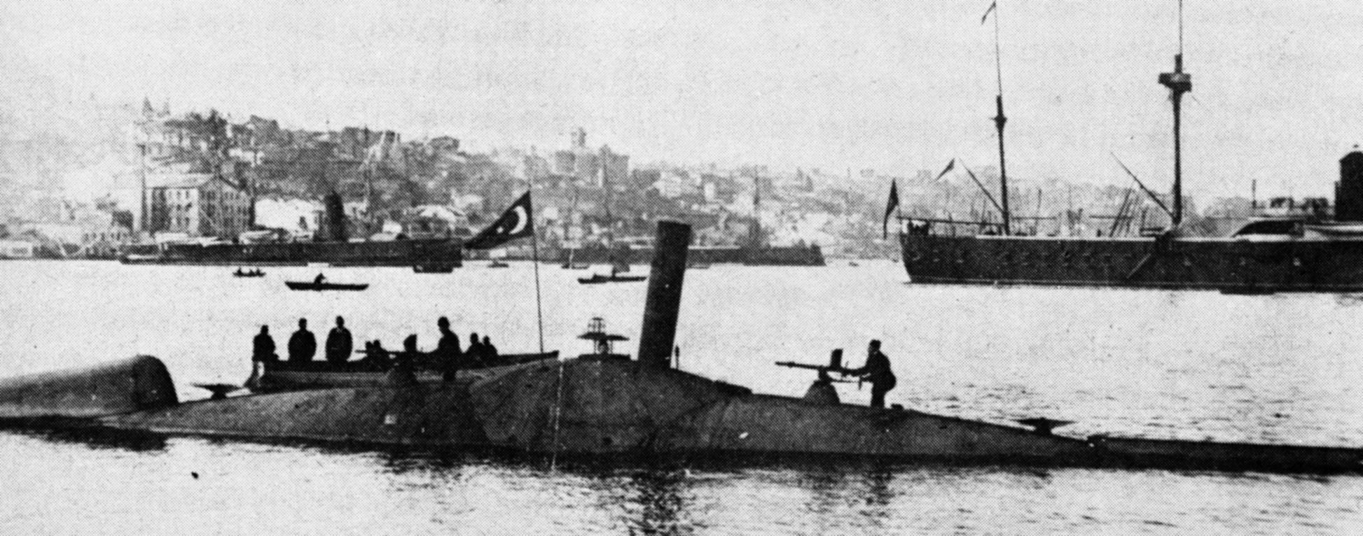 Nordenfeldt III submarine, photographed in 1883 in the Ottoman Navy, fired the first underwater torpedo. 