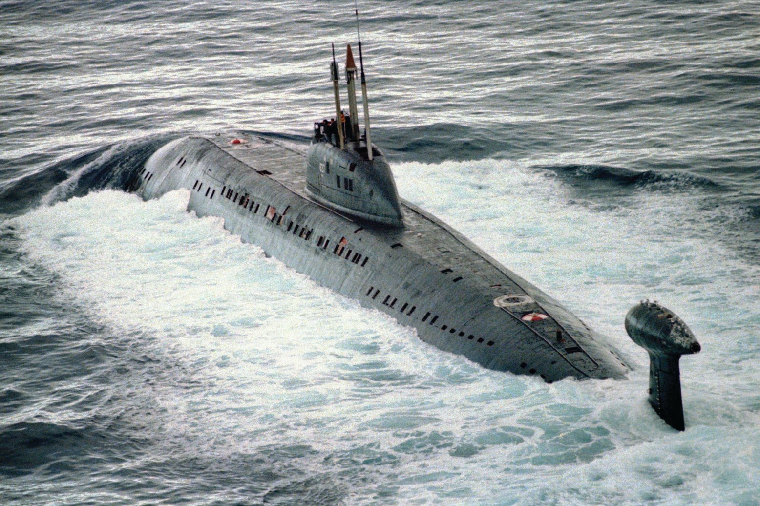 Soviet Victor II-class nuclear-powered submarine, photographed in 1994. During the Cold War, the United States and the Soviet Union engaged in a submarine-building arms race.
