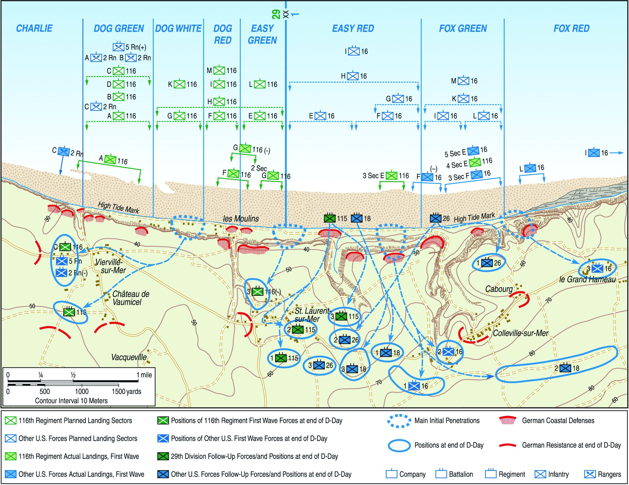 The U.S. landings at Omaha Beach were opposed by troops of the German 352nd Infantry Division, whose weapons were pre-sighted to cover virtually every inch of ground from the shoreline to the low seawall. The Germans were also situated on high bluffs that overlooked the beach, complicating the efforts of the American 29th Infantry Division to move inland.