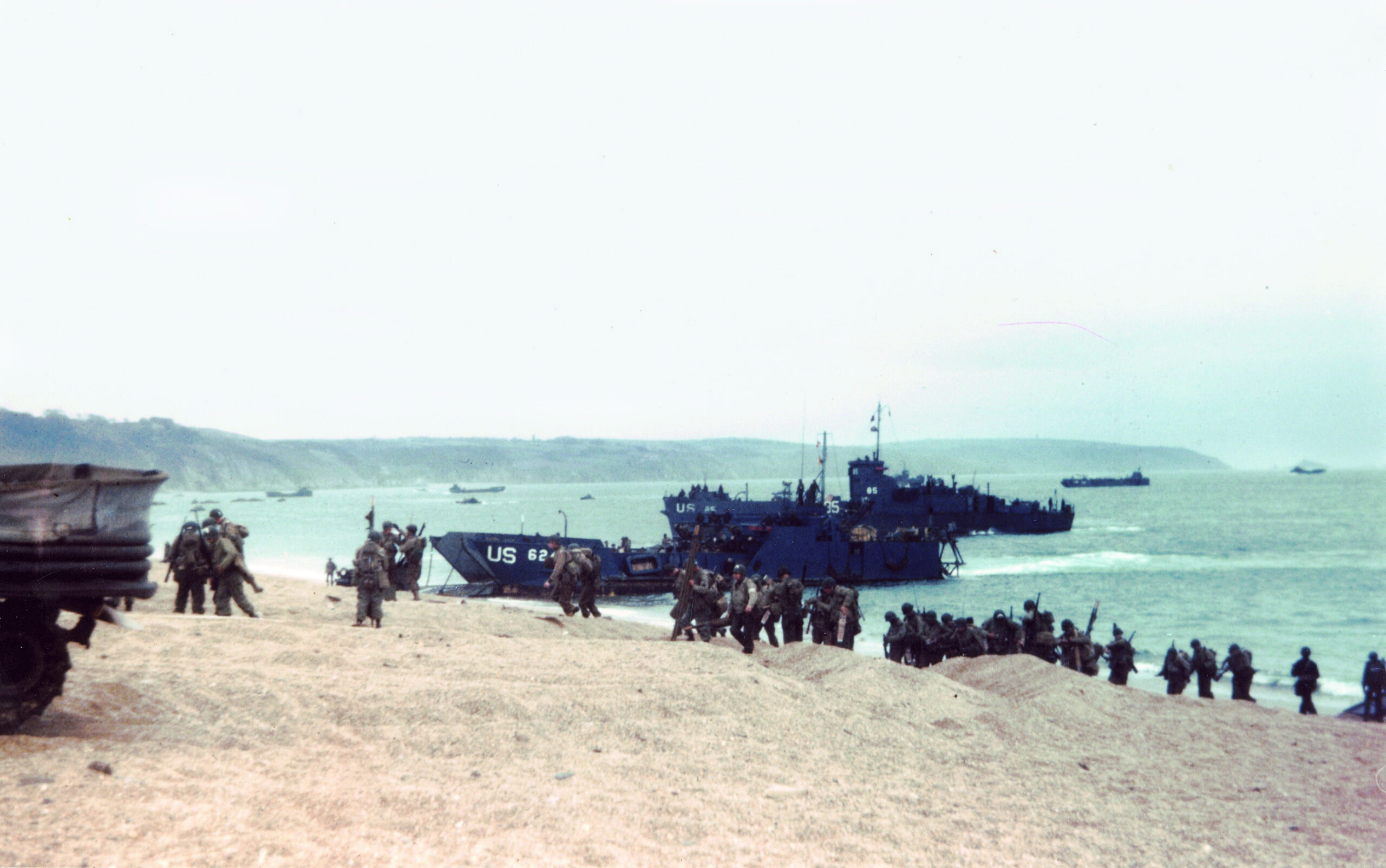 Manned by a crew of U.S. Coast Guardsmen, LCI(L)-85 is shown during practice landings prior to the D-Day invasion. This exercise took place at Slapton Sands in the south of England, the site of the ill-fated Exercise Tiger during which Allied transports were attacked by German E-boats. LCI(L)-85 took heavy fire from German batteries on D-Day and was sunk in the English Channel.